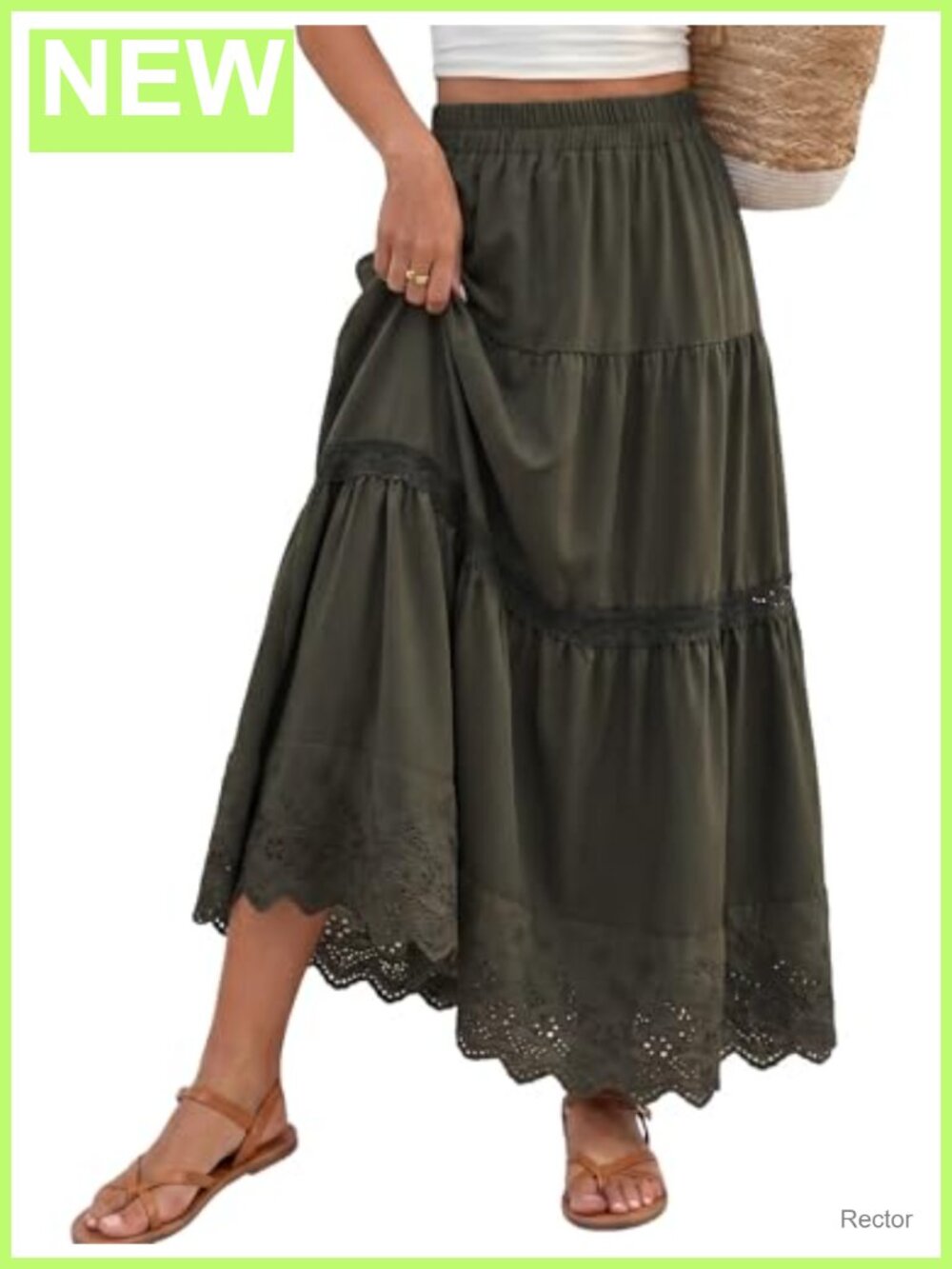 Boho Tiered Maxi Skirt Elastic High Waist A-Line Lace Eyelet Long Summer - Picture 1 of 6